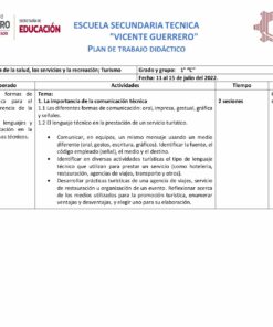 Un plan didáctico para una secundaria en español. Incluye detalles sobre la materia, grado, docente, año escolar y contenidos enfocados en salud, servicios, recreación y **Plan de Reforzamiento Tecnologías (Turismo) 1°, 2° y 3° de Secundaria (04 a 22 de julio 2022)**. Hay secciones de aprendizaje esperado, actividades con tecnologías de reforzamiento, tiempo y observaciones.