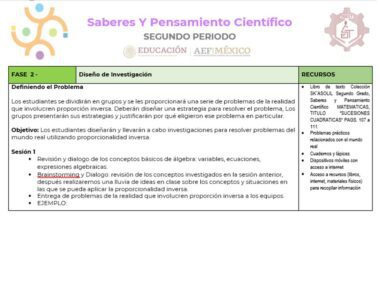 Una presentación visual de una diapositiva educativa titulada "PLANEACION MATEMATICAS 2 TRIMESTRE 2". Describe una fase del diseño de la investigación, que incluye la definición de un problema, el objetivo y detalles de las actividades de la sesión 1 para este trimestre. Recursos enumerados a la derecha.