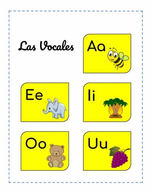 Iniciando en el ABC titulado "las vocales" en español, parte de la serie Abecedario, presentando las vocales a, e, i, o, u, cada una emparejada con una imagen correspondiente: una abeja, un elefante, una isla con una palmera, un osito de peluche y uvas.