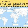 Ilustración de un mapa mundial con la etiqueta "Proyecto Vuelta Al Mundo" en amarillo sobre fondo azul, con flechas curvas que indican rutas de viaje, diseñado para un proyecto educativo.