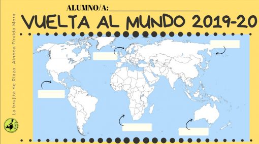 Ilustración de un mapa mundial con la etiqueta "Proyecto Vuelta Al Mundo" en amarillo sobre fondo azul, con flechas curvas que indican rutas de viaje, diseñado para un proyecto educativo.
