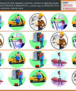 Mejora tu velocidad de procesamiento con profesiones 3 Hoja de trabajo con imágenes de electricistas, arquitectos y taxistas. Cada fila muestra a distintos profesionales trabajando con herramientas o vehículos. Las instrucciones y etiquetas están en español en la parte superior y a la derecha.