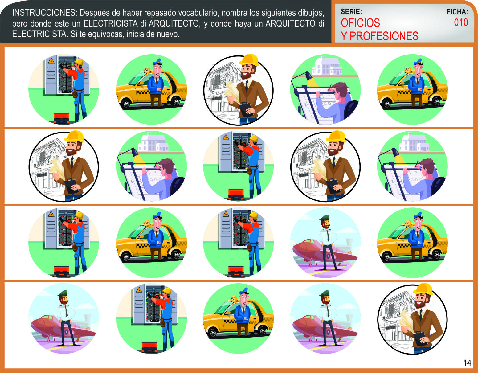 Mejora tu velocidad de procesamiento con profesiones 2 Hoja de trabajo con imágenes de electricistas, arquitectos y taxistas. Cada fila muestra a distintos profesionales trabajando con herramientas o vehículos. Las instrucciones y etiquetas están en español en la parte superior y a la derecha.