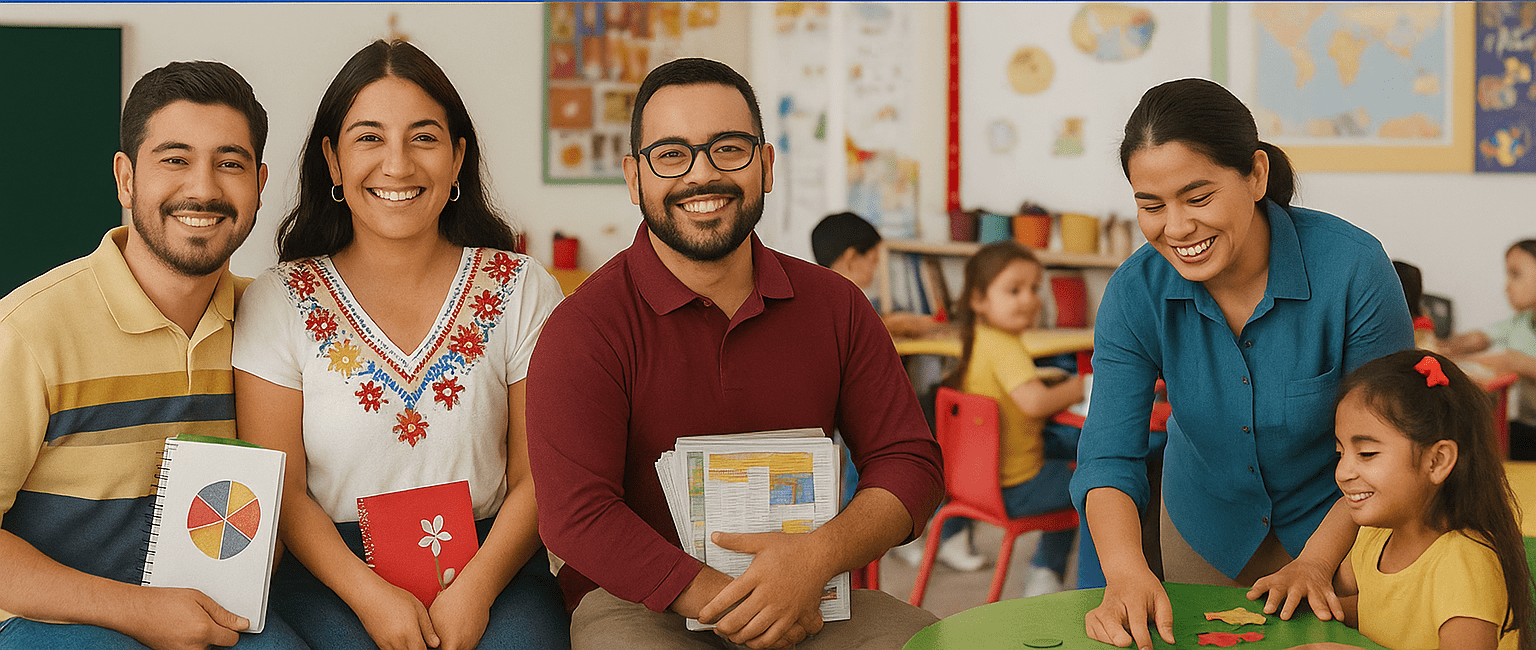Cuatro maestros sonrientes sentados en un aula colorida, sosteniendo materiales educativos, con niños trabajando al fondo y un mensaje en español que promueve vender por internet recursos educativos para docentes.