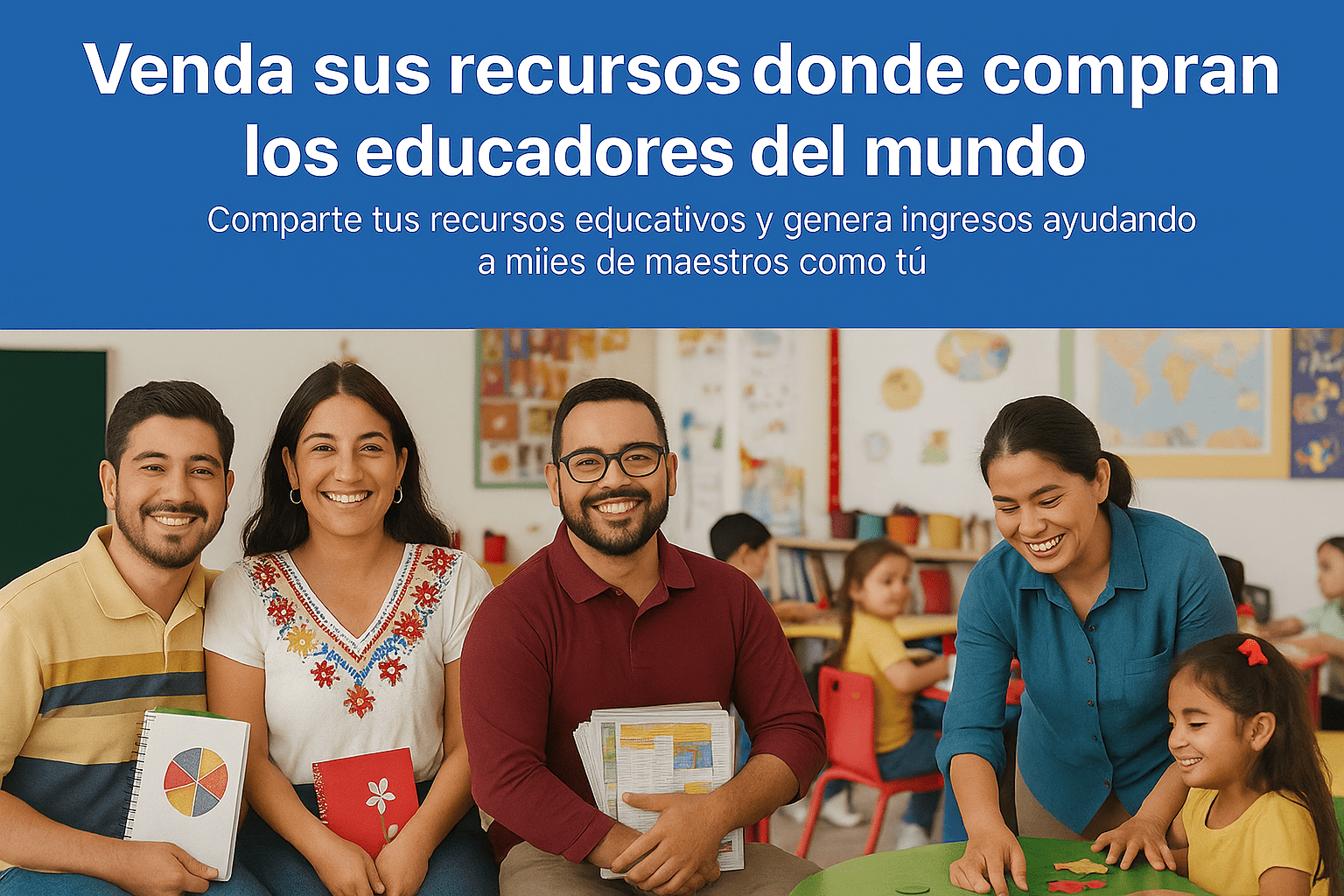 Cuatro maestros sonrientes sentados en un aula colorida, sosteniendo materiales educativos, con niños trabajando al fondo y un mensaje en español que promueve vender por internet recursos educativos para docentes.