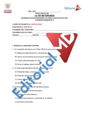 Examen Extraordinario ESPAÑOL PRIMERO de Secundaria NEM 2025