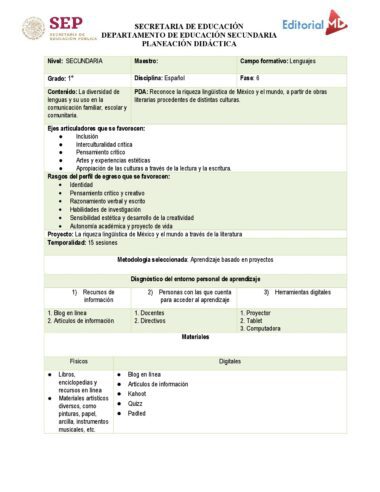 Planeación didáctica Español PRIMERO DE SECUNDARIA TODO EL CICLO ESCOLAR NEM 2025 - Image 2