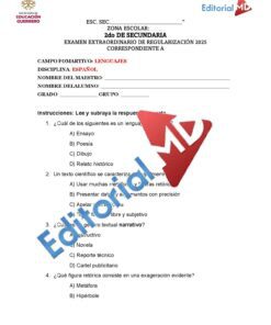 Examen Extraordinario ESPAÑOL SEGUNDO de Secundaria NEM 2025