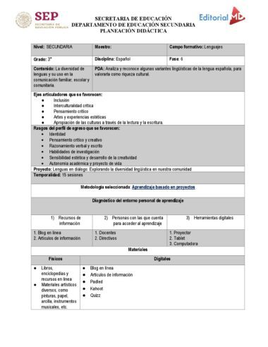 Planeación didáctica Español TERCERO DE SECUNDARIA TODO EL CICLO ESCOLAR NEM 2025 - Image 2