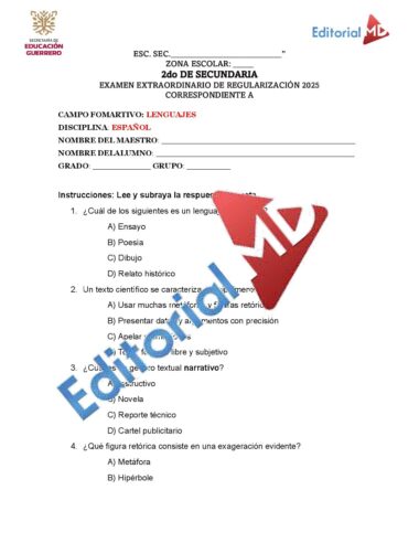 Examen Extraordinario ESPAÑOL SEGUNDO de Secundaria NEM 2025