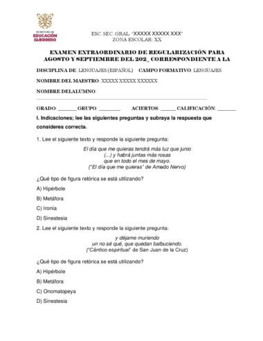 Un examen en español para las asignaturas de lengua y literatura. Incluye instrucciones, un poema de Amado Nervo para analizar y preguntas de opción múltiple para identificar recursos literarios como metáforas y símiles. También tiene campos para los datos y las puntuaciones de los estudiantes.