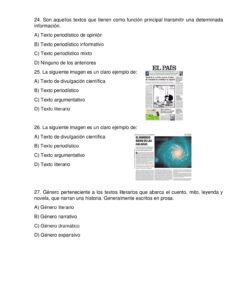 Cuestionario de opción múltiple en español con tres preguntas sobre tipos de textos. Cada pregunta tiene cuatro opciones de respuesta etiquetadas de la A a la D. Las preguntas 25 y 26 están acompañadas por imágenes de páginas de periódicos.