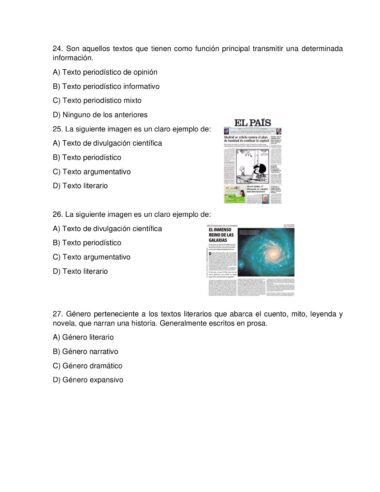 Cuestionario de opción múltiple en español con tres preguntas sobre tipos de textos. Cada pregunta tiene cuatro opciones de respuesta etiquetadas de la A a la D. Las preguntas 25 y 26 están acompañadas por imágenes de páginas de periódicos.