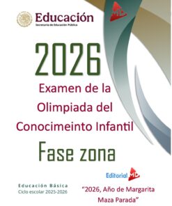 Cartel para el examen de la Olimpiada del Conocimiento Infantil 2026, nivel zona, organizado por la Secretaría de Educación Pública. Incluye logotipos y texto sobre el ciclo escolar 2025-2026 y Editorial MD.