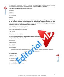 Página de un folleto educativo en español con preguntas de opción múltiple sobre integración en grupos, roles y formas de organización social. El logotipo de la Editorial Z aparece en diagonal a lo largo de la página en rojo y azul.