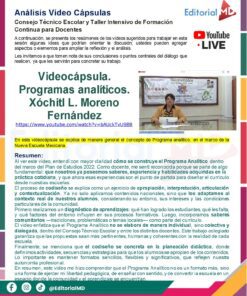 Tema 2 Contestado: Programa Analítico CTE NEM 2025 - 2026 (Todos los Niveles) 27 Folleto promocional de una serie de cápsulas de vídeo para profesores de Editorial MD. Contiene texto, detalles del programa, una foto de Xóchitl L. Moreno Fernández, logotipos de YouTube e iconos de redes sociales sobre un fondo colorido.