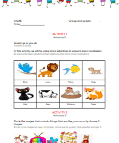 Una hoja de trabajo con dos actividades para niños. La actividad principal presenta una alineación de diversos niños de dibujos animados tomados de la mano. La actividad inferior consiste en rodear imágenes de animales y alimentos, etiquetados en inglés. Meeting your Students- Conociendo tus estudiantes.