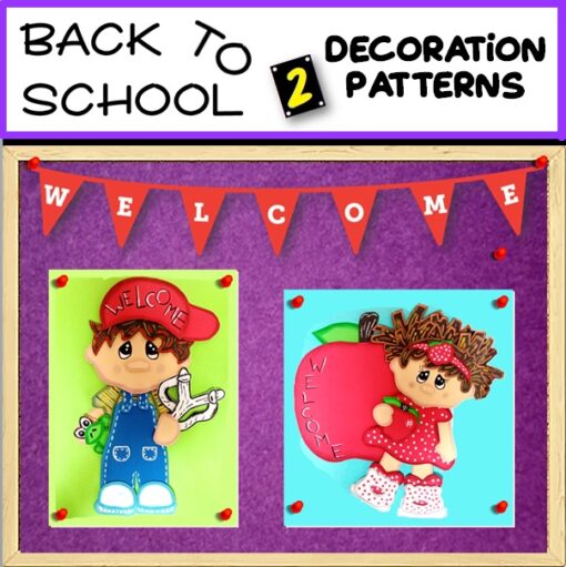 Un tablón de anuncios del regreso a clases muestra patrones coloridos, incluido un niño de dibujos animados con un cartel de "Regreso a Clases" y una niña parada sobre una manzana. Un cartel en la parte superior dice "Regreso a clases" y "Patrones Decoración para Pizarrón Regreso a Clases", mientras que otro cartel dice "Bienvenidos".