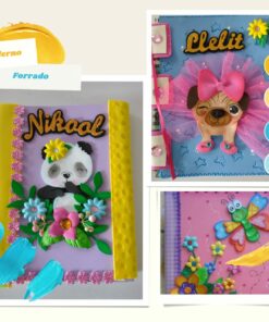 Cuatro cuadernos decorados con portadas vibrantes, creados con CURSO DE FOAMY, con diseños 3D de animales y flores, y nombres personalizados. Cada cuaderno está adornado con adornos coloridos como cuentas y cintas.
