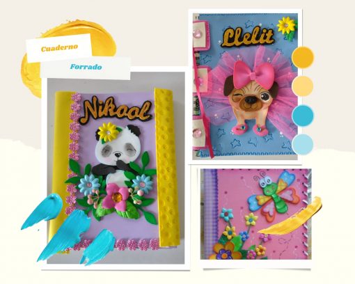 Cuatro cuadernos decorados con portadas vibrantes, creados con CURSO DE FOAMY, con diseños 3D de animales y flores, y nombres personalizados. Cada cuaderno está adornado con adornos coloridos como cuentas y cintas.