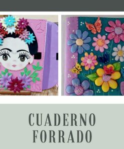 Un cuaderno decorado con una cubierta colorida que muestra la cara de una niña de dibujos animados rodeada por una variedad de flores de espuma brillantes. En la parte inferior se muestra el texto 