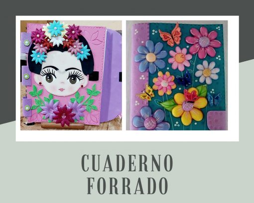 Un cuaderno decorado con una cubierta colorida que muestra la cara de una niña de dibujos animados rodeada por una variedad de flores de espuma brillantes. En la parte inferior se muestra el texto "Curso de Foamy".