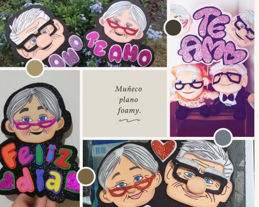 Un collage que presenta diversas representaciones artísticas de una pareja de ancianos con rasgos caricaturescos. Incluye imágenes de arte espumoso y un dibujo titulado "Muñeco plano espumoso". El texto en las imágenes dice "Te Amo" y "Feliz Día".