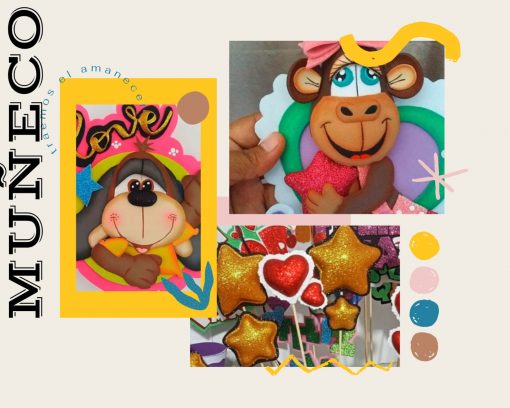 Un colorido collage con artículos hechos a mano, incluido un divertido juguete de peluche Curso de Foamy que se asemeja a un oso con mejillas en forma de corazón, un vibrante recorte de papel de una vaca sonriente y galletas brillantes en forma de estrella.
