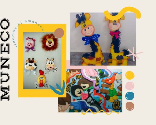 Un collage con cuatro imágenes de coloridos muñecos hechos a mano y recortes de personajes de dibujos animados hechos en Curso de Foamy. Las muñecas están decoradas de forma divertida con flores, cintas y telas vibrantes, expuestas sobre fondos lisos.