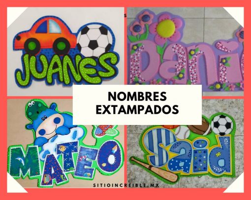 Un collage de diseños de nombres coloridos y personalizados de CURSO DE FOAMY, cada uno decorado de forma única con temas como autos, fútbol, flores y dibujos animados. El texto dice "NOMBRES ESTAMPADOS" en el centro.