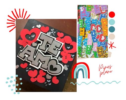 Un collage que presenta una imagen principal con una tarjeta decorada que dice "TE AMO" rodeada de corazones de papel, sobre un fondo colorido de CURSO DE FOAMY adornado con varios garabatos divertidos y muestras de colores.