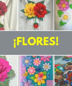 Un collage que presenta varias representaciones artísticas de flores coloridas, incluido CURSO DE FOAMY, diseños artesanales y de dibujos animados, con la palabra en español 