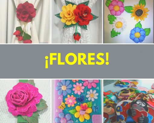 Un collage que presenta varias representaciones artísticas de flores coloridas, incluido CURSO DE FOAMY, diseños artesanales y de dibujos animados, con la palabra en español "¡FLORES!" en el centro.