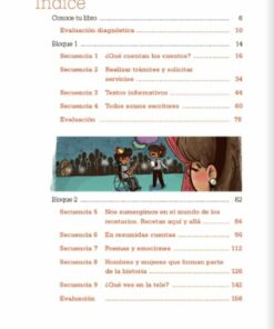 Descripción: Índice del PLANEACION 3° ESPAÑOL LIBRO NUEVO 2021-2022 en español con títulos de capítulos y números de página. El fondo inferior muestra una ilustración de dos niños tocando guitarras y un perro escuchando.