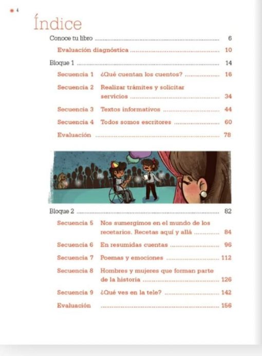 Descripción: Índice del PLANEACION 3° ESPAÑOL LIBRO NUEVO 2021-2022 en español con títulos de capítulos y números de página. El fondo inferior muestra una ilustración de dos niños tocando guitarras y un perro escuchando.