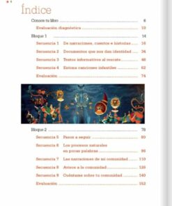 Imagen de un índice de PLANEACION ESPAÑOL 4° LIBRO NUEVO 2021-2022 en español, que presenta un borde decorativo colorido y una ilustración vibrante de cinco personajes enmascarados con atuendos tradicionales, participando en un ritual o celebración cultural.