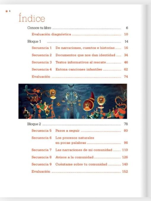 Imagen de un índice de PLANEACION ESPAÑOL 4° LIBRO NUEVO 2021-2022 en español, que presenta un borde decorativo colorido y una ilustración vibrante de cinco personajes enmascarados con atuendos tradicionales, participando en un ritual o celebración cultural.