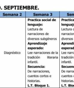 Una tabla que describe el plan de estudios de cinco semanas en español de PLANEACION 3° ESPAÑOL LIBRO NUEVO 2021-2022 para tercer grado, que incluye actividades de lectura, objetivos de aprendizaje y narrativas literarias segmentadas por semanas.