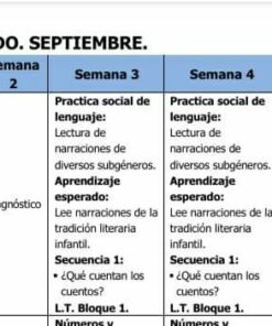 A PLANEACION ESPAÑOL 4° LIBRO NUEVO 2021-2022 Calendario de enseñanza para cuarto grado con columnas que representan semanas de septiembre y filas que detallan el diagnóstico y el plan de enseñanza de la asignatura 