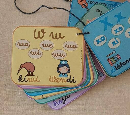 Sobre una superficie se extiende una pila de coloridas tarjetas educativas con varios LLAVERO REFERENTES SILÁBICOS. La tarjeta superior muestra la letra "W" con sílabas ("wa", "we", "wi", "wo", "wu") e ilustraciones de un pájaro kiwi y una enfermera, etiquetadas con las palabras "kiwi". y "wendi.