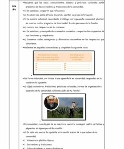La PLANEACION SEGUNDO GRADO DE LA NEM OCTUBRE (4 SEMANAS) incluye instrucciones, actividades y tablas. Menciona discutir prácticas y tradiciones culturales, crear un folleto comunitario e implica entrevistas familiares. Hay una mesa y dos fotografías, una de una persona con sombrero y otra de cuatro personas en un campo.