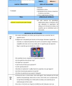 A PLANEACIÓN DE LA NEM CUARTO GRADO (Semana 1 a la 4) plan de lección en español de una escuela en León de los Aldamas, GTO. El documento NEM presenta secciones sobre aprendizaje basado en proyectos, campos lingüísticos, habilidades auditivas y una secuencia de actividades que involucran la participación y el diálogo de los estudiantes.