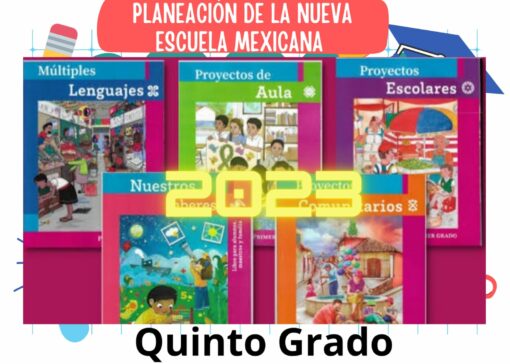 Colorida exhibición de cinco libros educativos para quinto grado, titulados "PLANEACION QUINTO GRADO OCTUBRE (4 SEMANAS)". Los títulos incluyen "Múltiples Lenguajes", "Proyectos de Aula", "Proyectos Escolares", "Nuestros Proyectos Comunitarios" y otros, perfectos para la planificación curricular de octubre.
