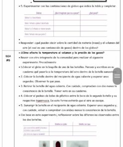Una página de un libro de ciencias en español con instrucciones y una tabla para un experimento con globos. Hay secciones etiquetadas como 