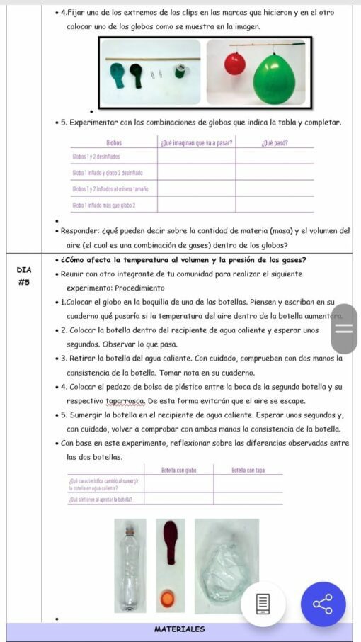 Una página de un libro de ciencias en español con instrucciones y una tabla para un experimento con globos. Hay secciones etiquetadas como "DIA #5" y "MATERIALES". El texto, diseñado para estudiantes de PLANEACIÓN DE LA NEM QUINTO GRADO (Semana 1 a la 4), incluye preguntas y pasos para realizar el experimento.
