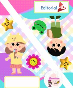 Un diseño colorido y divertido presenta a una niña comiendo helado y a un niño vestido de verde. Hay etiquetas para expedientes de estrellas y flores con caritas sonrientes, una rana verde brillante y el logo 