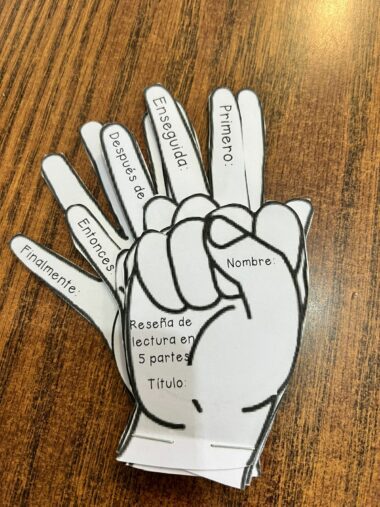 Un recorte de papel con forma de mano diseñado para un **Interactivo para reporte de lectura**. Cada dedo etiquetado dice: "Primero", "Enseguida", "Después de", "Entonces" y "Finalmente". Los espacios para "Nombre" y "Título" están escritos en la base, lo que la convierte en una herramienta ideal para informes de lectura.