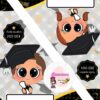 Ilustración de dos lindos graduados de dibujos animados con ojos grandes, con birretes de graduación negros y diplomas. El fondo presenta diseños festivos con confeti y estrellas, y hay cuadros de texto etiquetados “Ciclo escolar 2023-2024” y “Recursos Educativos”.