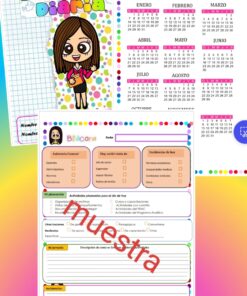 Agenda diaria ilustrada con una niña de dibujos animados en la portada. Incluye un calendario 2024 y una página para notas con secciones para actividades generales, emociones y resumen del día. Diseño de lunares coloridos. Texto "muestra" en toda la página.