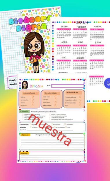 Agenda diaria ilustrada con una niña de dibujos animados en la portada. Incluye un calendario 2024 y una página para notas con secciones para actividades generales, emociones y resumen del día. Diseño de lunares coloridos. Texto "muestra" en toda la página.